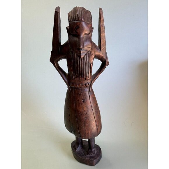 African Tribal Hand Carved Male Elder Winged Shoulder Ebony Wood Figurine Kenya - Picture 2 of 10